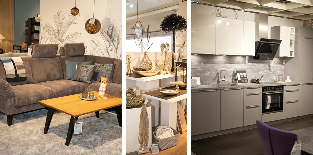 Drei Bilder zeigen Ecksofa mit Couchtisch, goldene Wohnaccessoires auf Podesten und graue Einbauküche mit Elektrogeräten